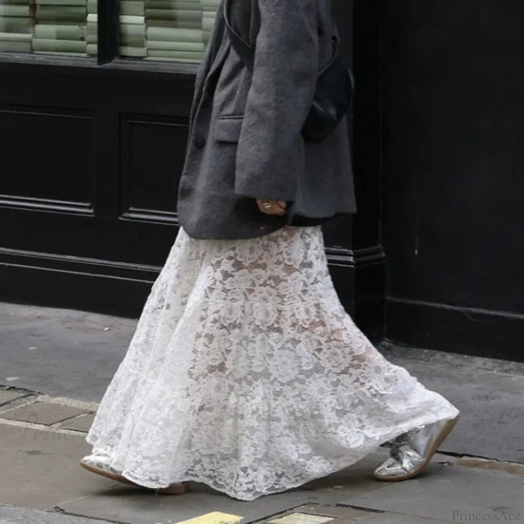 Lace Sheer A-Line Vintage Floral See-Through Skirt