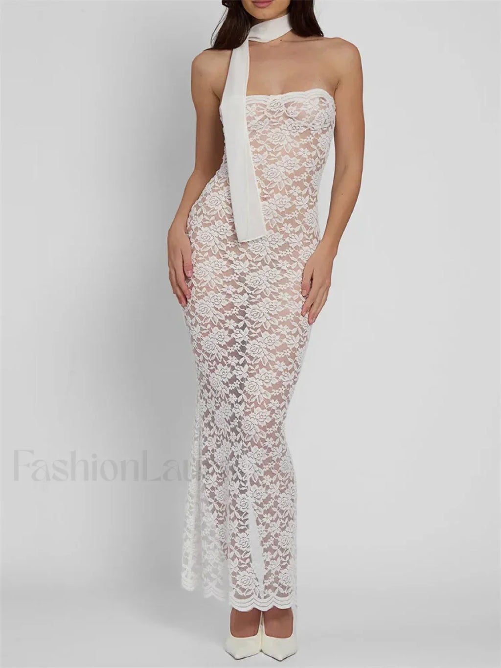 White Lace Sheer Strapless Floral Maxi Dress