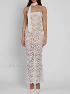 White Lace Sheer Strapless Floral Maxi Dress