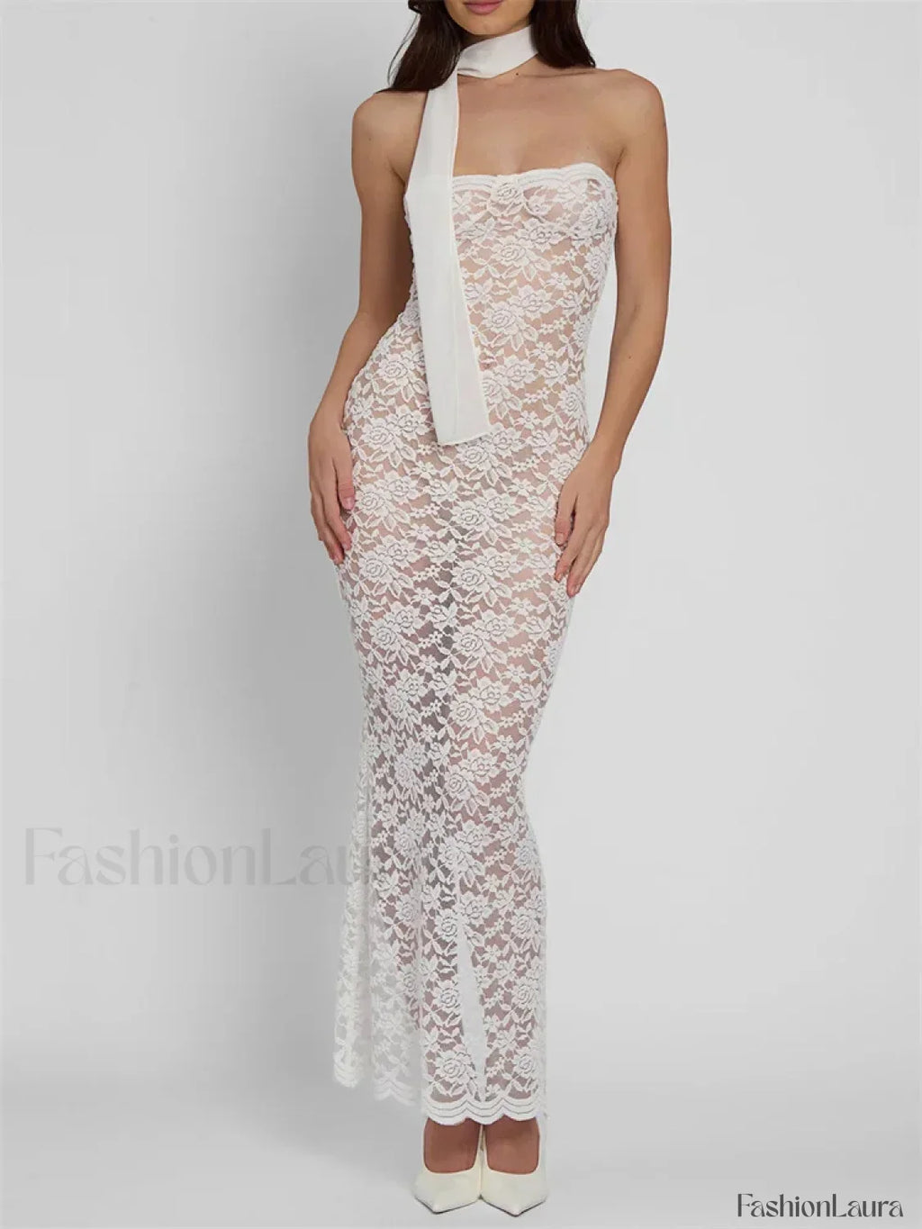 White Lace Sheer Strapless Floral Maxi Dress