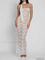 White Lace Sheer Strapless Floral Maxi Dress