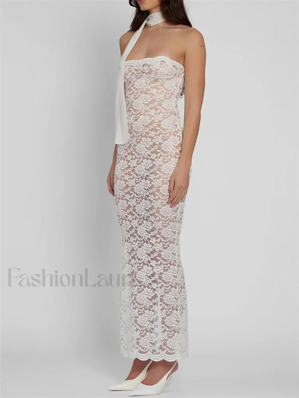 White Lace Sheer Strapless Floral Maxi Dress