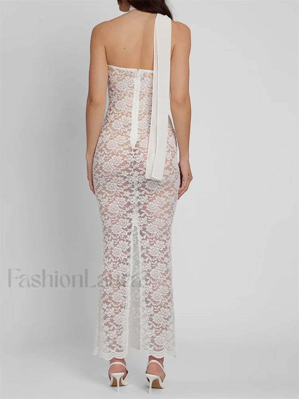 White Lace Sheer Strapless Floral Maxi Dress