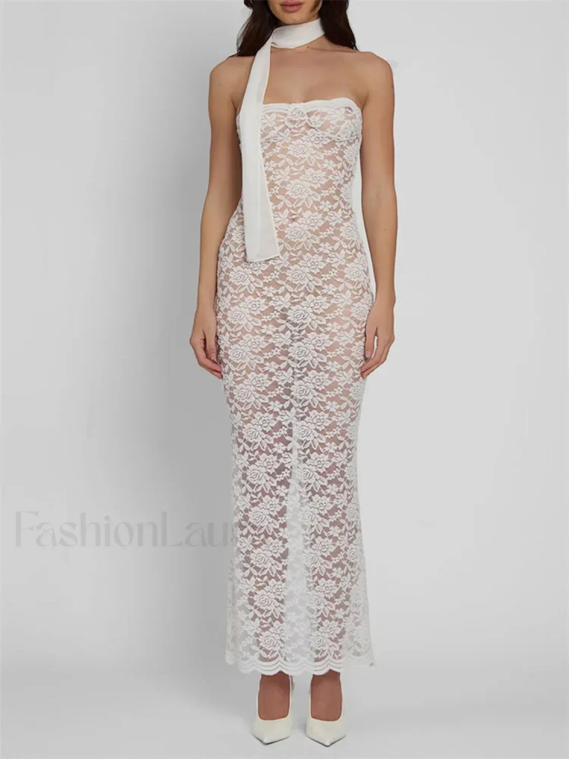 White Lace Sheer Strapless Floral Maxi Dress