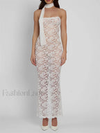White Lace Sheer Strapless Floral Maxi Dress