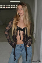 Lace Sheer Tie Cardigan Blouse