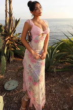 Pink Lace Splicing Printed Irregular Split Hollow Strappy Beach Maxi Dress