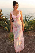 Pink Lace Splicing Printed Irregular Split Hollow Strappy Beach Maxi Dress