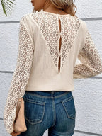Lace Stitching Solid Color Casual Round Neck Long Sleeve T-shirt Women