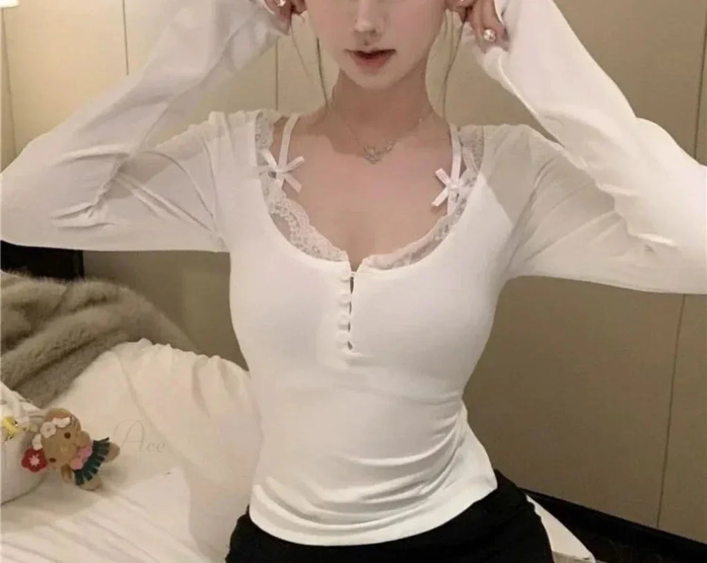 Lace Stitching V-neck Skinny Pink Coquette Aesthetic Top Women