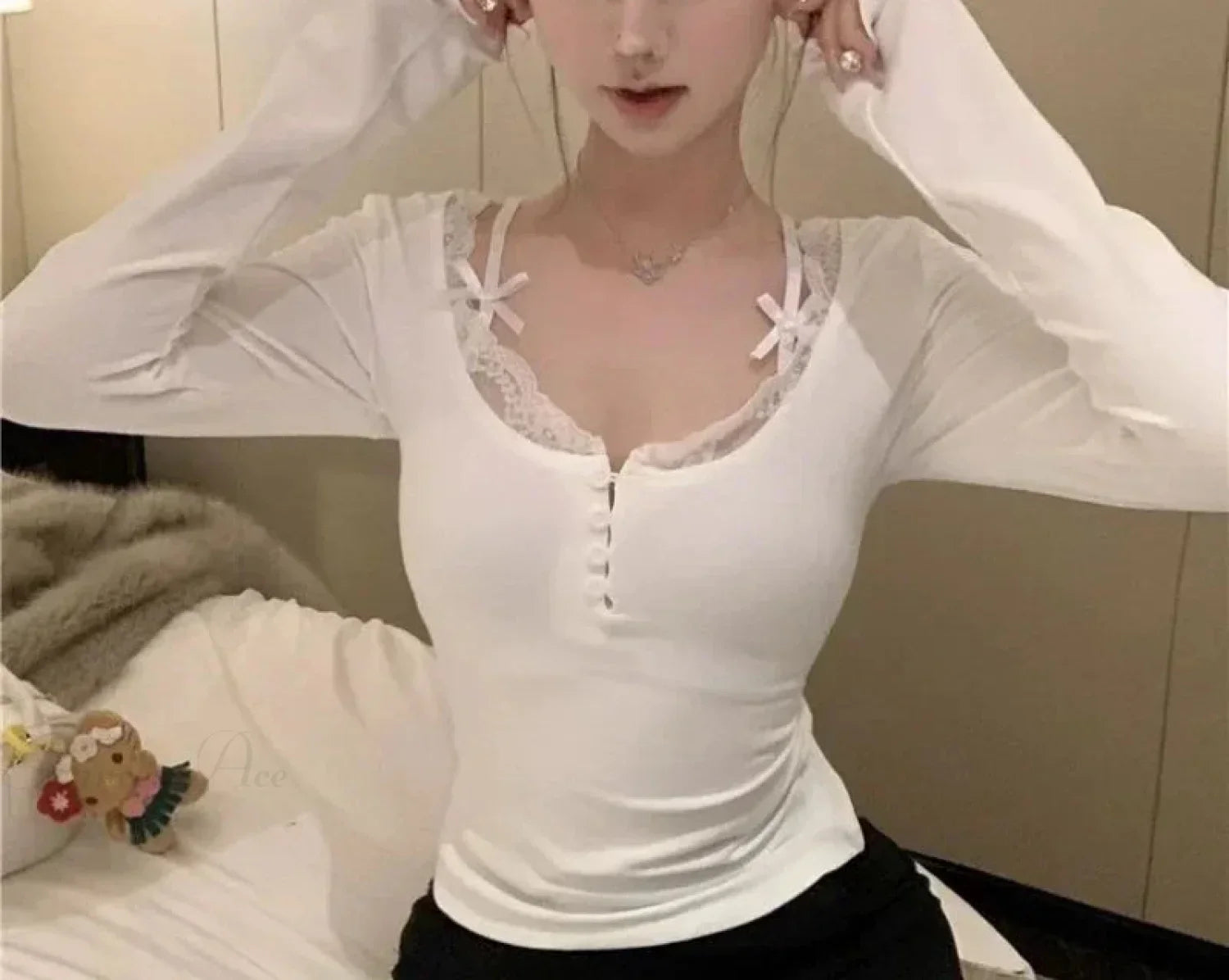 Lace Stitching V-neck Skinny Pink Coquette Aesthetic Top Women