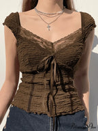 Lace Trim Graceful Buttoned Crop Top