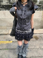 Lace Trim Puffy Ruffle Skirt