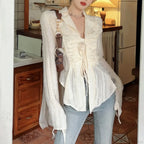 Lace Up Blouse Turn-down Collar Women Blouse