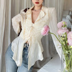 Lace Up Blouse Turn-down Collar Women Blouse
