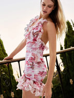 Printed Lace-up Halter Mini Floral Dress