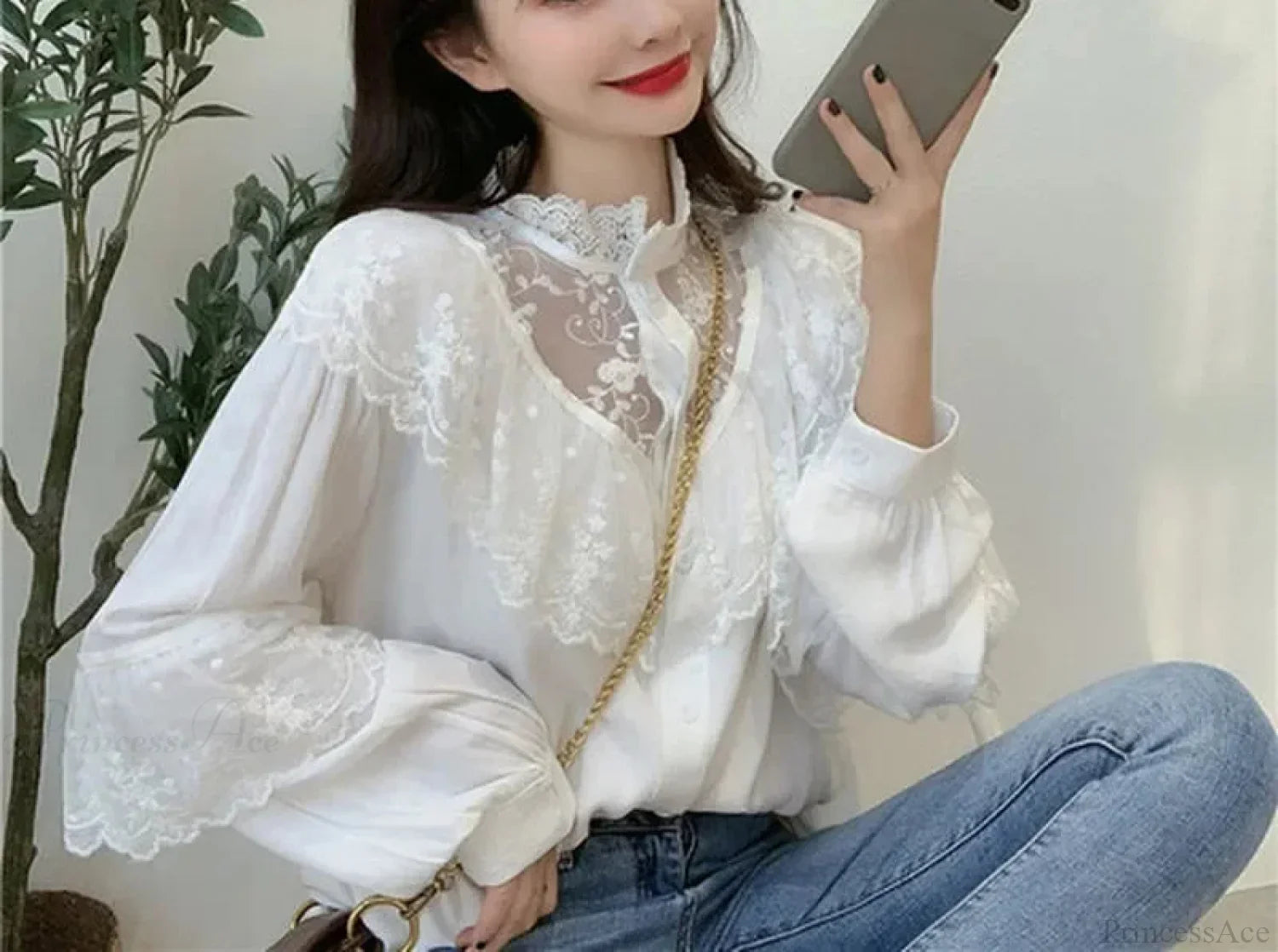 Lace Up Ruffled Sweet Loose Spring Blouse