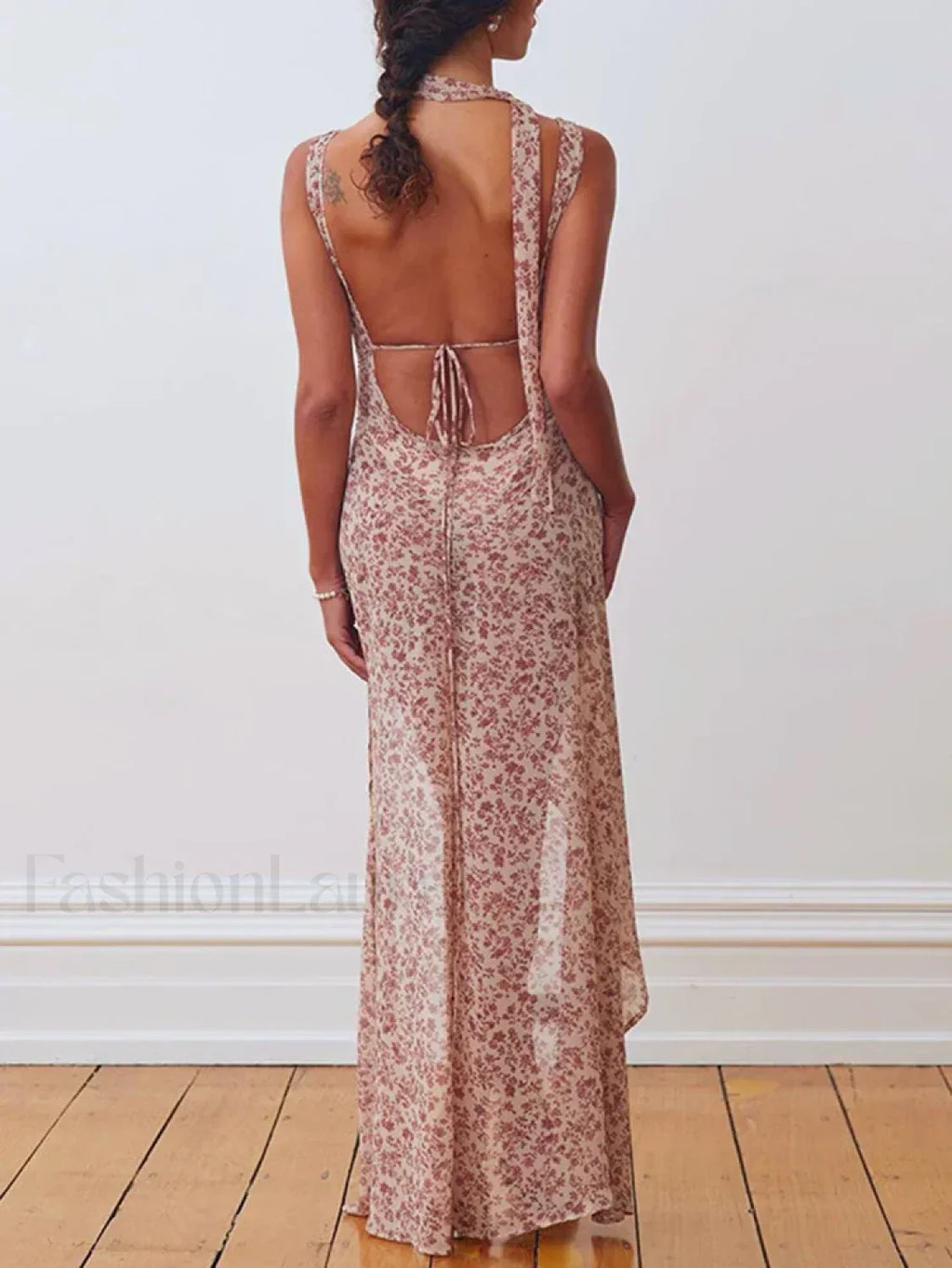 Rose Red Lace-up Side Slit Floral Dress