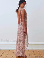 Rose Red Lace-up Side Slit Floral Dress