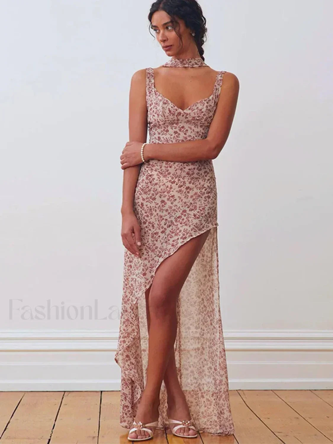 Rose Red Lace-up Side Slit Floral Dress