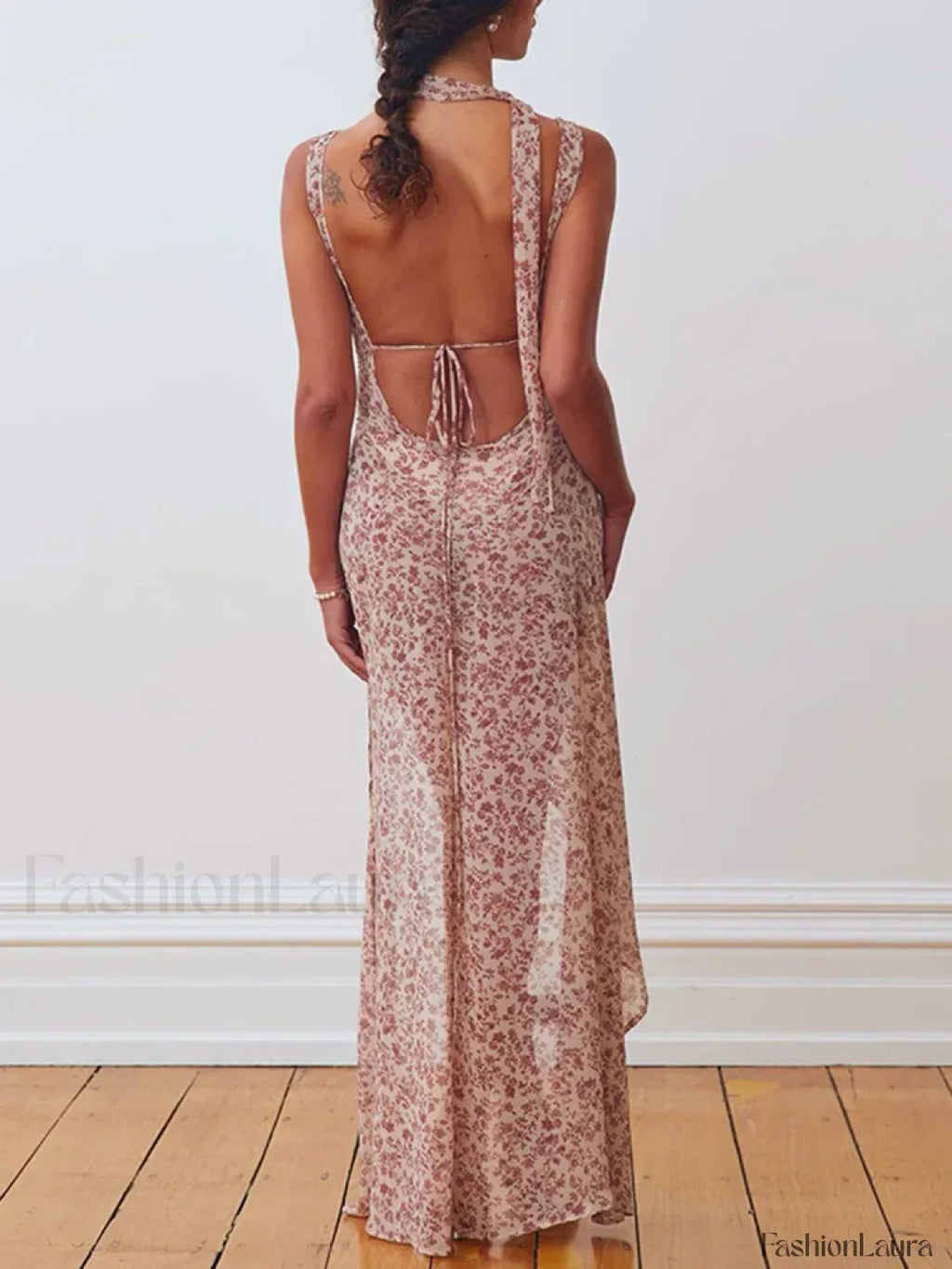 Rose Red Lace-up Side Slit Floral Dress