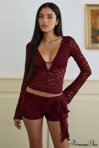 Lace V Neck Cutout Long Sleeve Tee