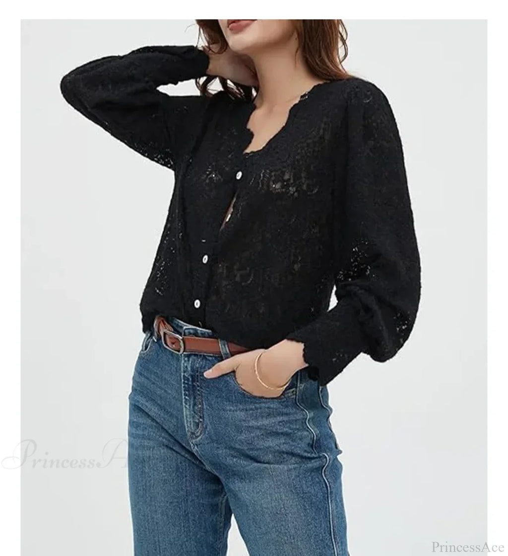 Lace V-Neck Floral Vintage Elegant Long Sleeve Boho Blouse
