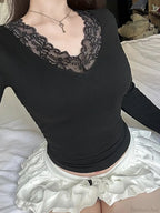 Lace V-neck Patchwork Knit Top
