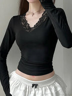 Lace V-neck Patchwork Knit Top