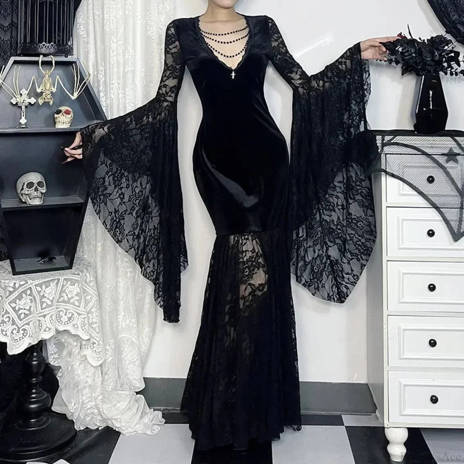 Lacy Mesh V-Neck Long Dress