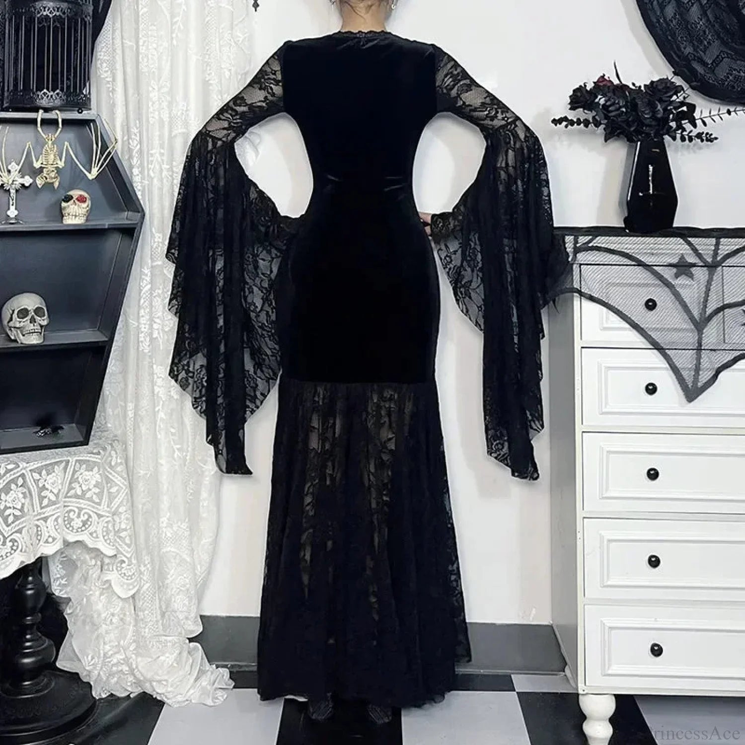 Lacy Mesh V-Neck Long Dress