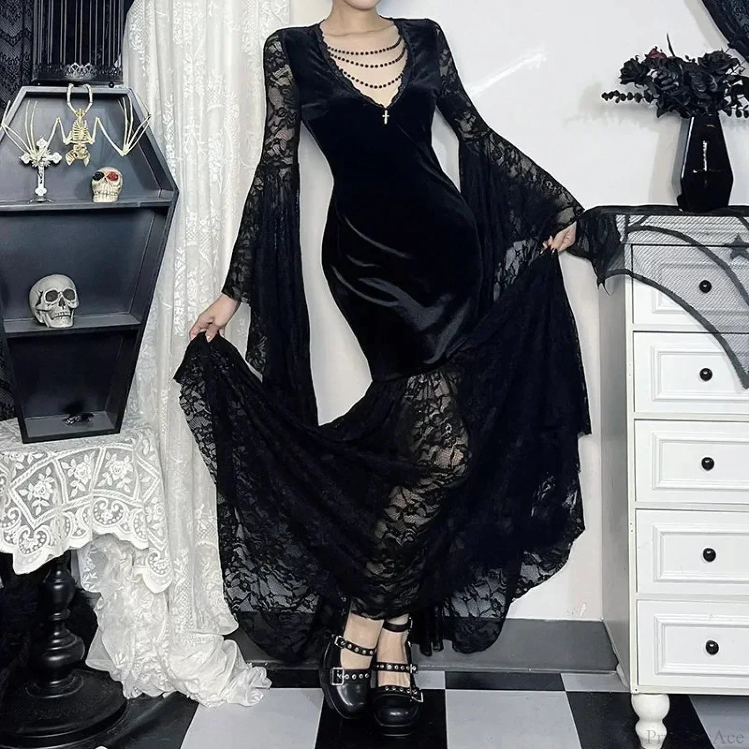 Lacy Mesh V-Neck Long Dress