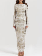 Boat Neck Long Sleeve Horizontal Ruching Newspaper Print Bodycon Maxi Dress