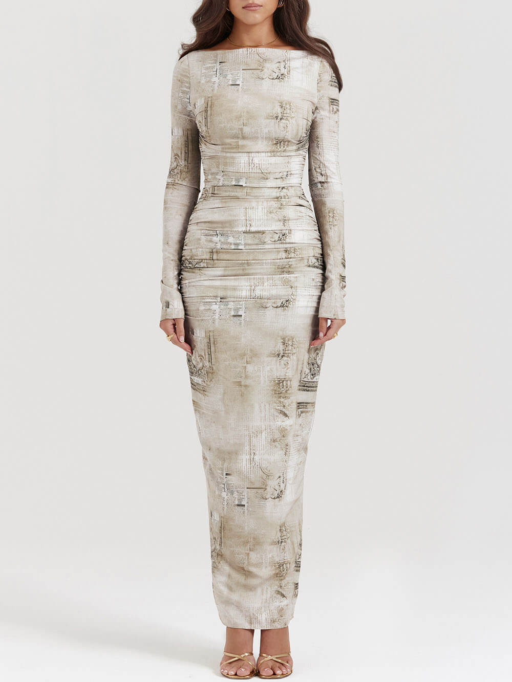Boat Neck Long Sleeve Horizontal Ruching Newspaper Print Bodycon Maxi Dress