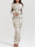 Boat Neck Long Sleeve Horizontal Ruching Newspaper Print Bodycon Maxi Dress