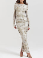 Boat Neck Long Sleeve Horizontal Ruching Newspaper Print Bodycon Maxi Dress