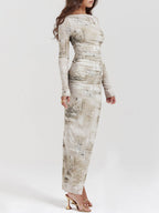 Boat Neck Long Sleeve Horizontal Ruching Newspaper Print Bodycon Maxi Dress