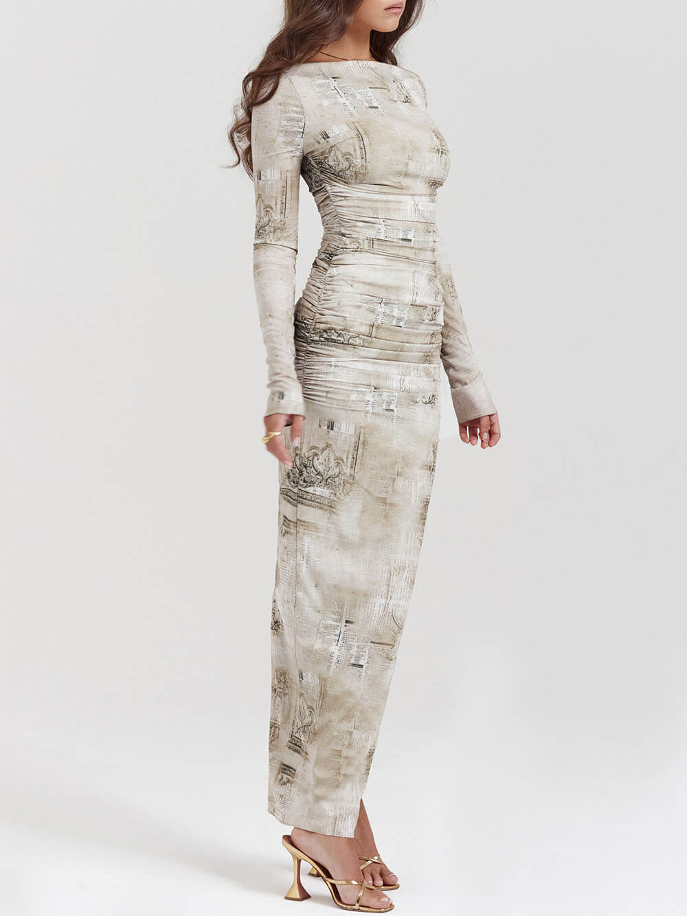 Boat Neck Long Sleeve Horizontal Ruching Newspaper Print Bodycon Maxi Dress