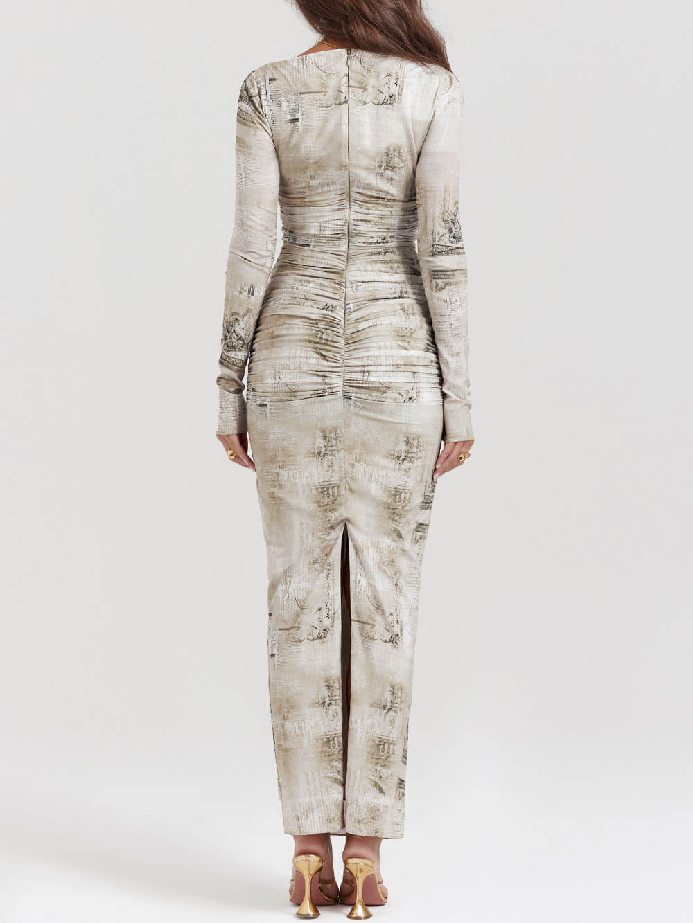 Boat Neck Long Sleeve Horizontal Ruching Newspaper Print Bodycon Maxi Dress