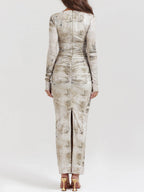 Boat Neck Long Sleeve Horizontal Ruching Newspaper Print Bodycon Maxi Dress