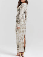 Boat Neck Long Sleeve Horizontal Ruching Newspaper Print Bodycon Maxi Dress