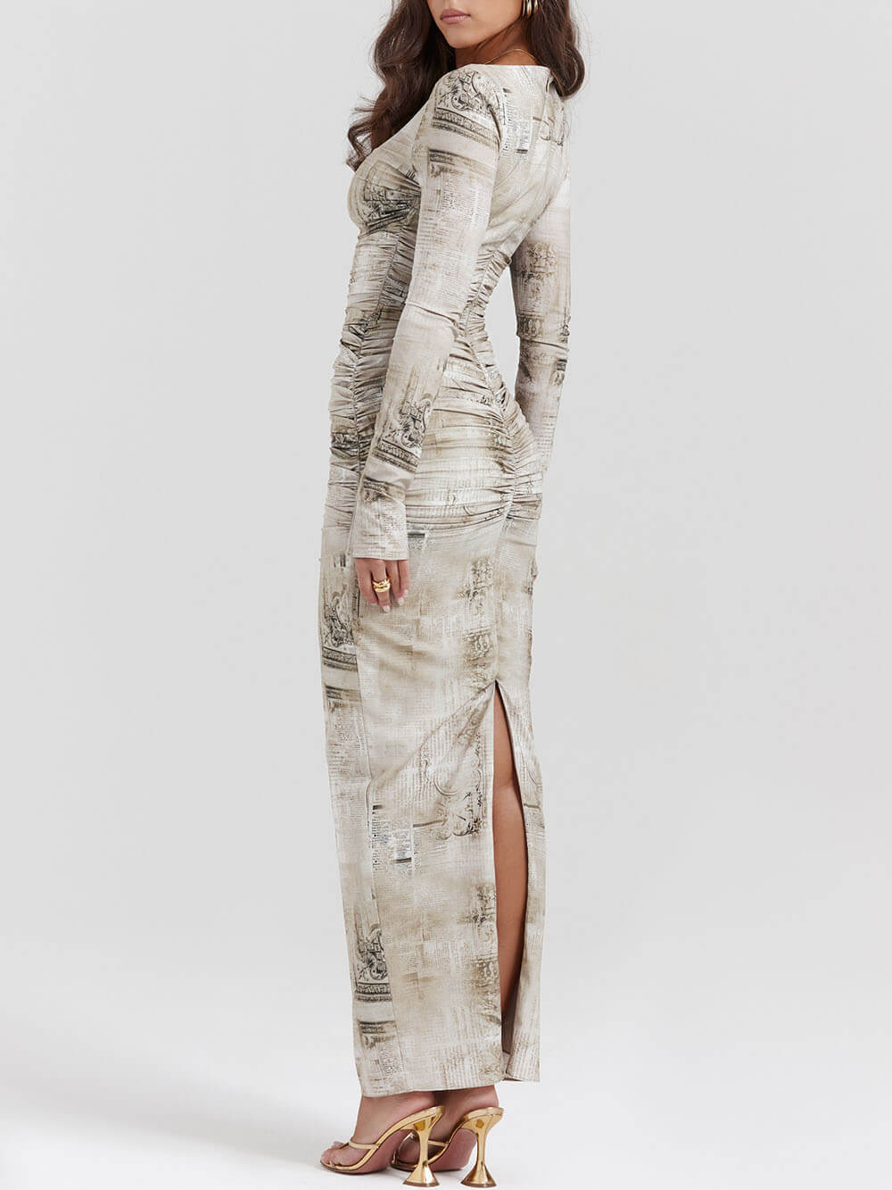 Boat Neck Long Sleeve Horizontal Ruching Newspaper Print Bodycon Maxi Dress