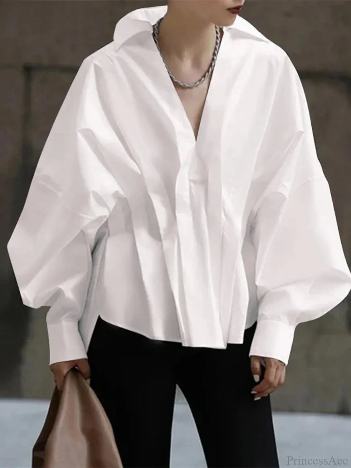 Lantern Long Sleeve Pleated Turn-down Collar Blouse