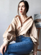 Lantern Sleeve Button Collar Blouse