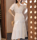 Lantern Sleeve Cotton Rayon Lace Splice Long Dress Vintage White V-neck