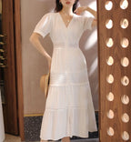 Lantern Sleeve Cotton Rayon Lace Splice Long Dress Vintage White V-neck