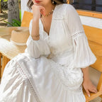 Lantern Sleeve Cotton Rayon Lace Splice Long Dress Vintage White V-neck