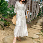 Lantern Sleeve Cotton Rayon Lace Splice Long Dress Vintage White V-neck