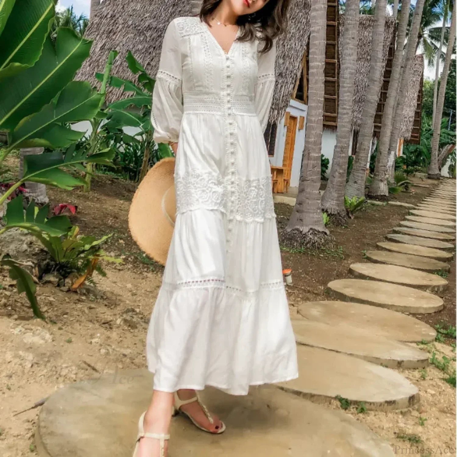 Lantern Sleeve Cotton Rayon Lace Splice Long Dress Vintage White V-neck