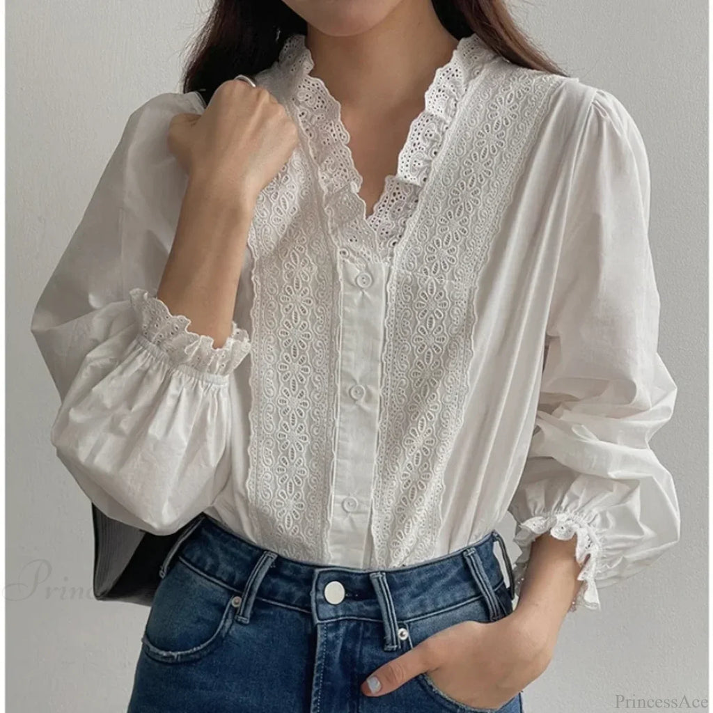 Lantern Sleeve Ruffles V-Neck Cotton Boho Office Blouse
